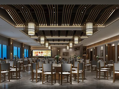 Chinese Style Restaurant Interior With Wooden Decor Pendant Lights And Arranged Tables 3d model