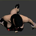 Female Game and Movie Character in Black High Neck Dress with Red Patterns and Bracelets