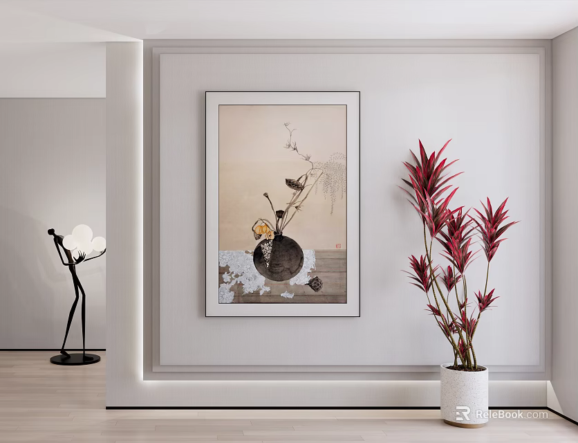 Elegant Modern Interior With Decorative Painting Red Plant And Black Floor Lamp 3d model 