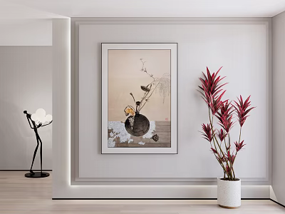 Elegant Modern Interior With Decorative Painting Red Plant And Black Floor Lamp 3d model