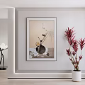 Elegant Modern Interior With Decorative Painting Red Plant And Black Floor Lamp