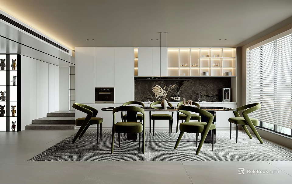 Modern Restaurant Interior Design With Green Chairs Dining Table And Ambient Lighting 3d model