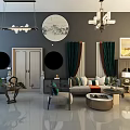 Modern Living Room Sofa And Coffee Table Set With Green Curtains Chandeliers And Potted Plant