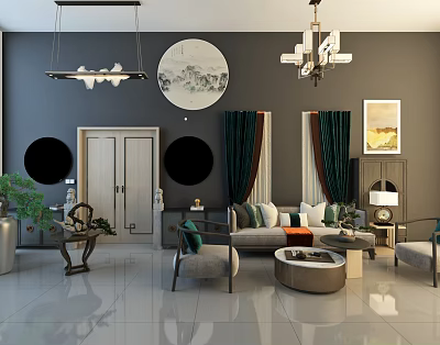 Modern Living Room Sofa And Coffee Table Set With Green Curtains Chandeliers And Potted Plant 3d model