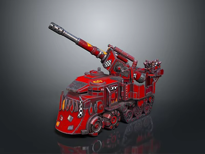 Detailed Red Toy Vehicle With Cannon Mechanical Parts And Track Design 3d model