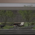 Outdoor Relaxation Space With Stone Wall Trees Rocks Fire Pit And Lounge Chair