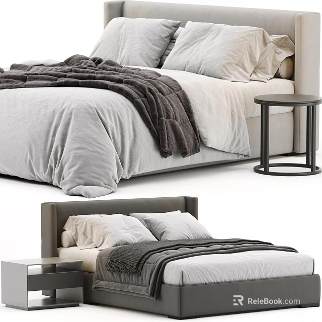 Modern Bed Design With White Bedspread Gray Blanket Pillows And Bedside Table 3d model