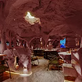 Cave Style Restaurant Interior With Rock Walls Ceiling Windows And Tables Chairs 3d model