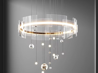 Modern Circular Glass Chandelier With Illuminated Ring And Hanging Spherical Decorations 3d model