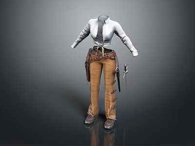 Stylish White Long Sleeve Top With Brown Pants And Decorative Belt Outfit 3d model