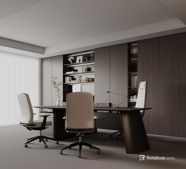 Modern Luxury Executive Office With Spacious Work Desk Comfortable Chairs And Practical Full Wall Bookcases 3d model 