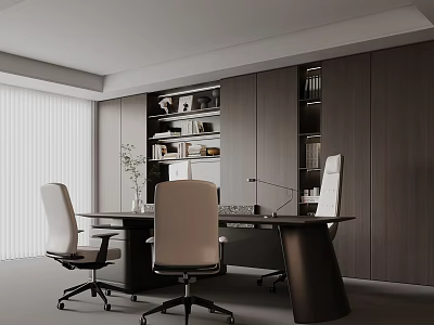 Modern Luxury Executive Office With Spacious Work Desk Comfortable Chairs And Practical Full Wall Bookcases 3d model