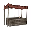 Ancient Medieval Wooden Stall With Red Canopy And Counter Display In Historical Setting