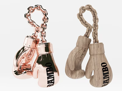 Rose Gold And Wooden Boxing Glove Keychains With Jimbo Lettering Design 3d model