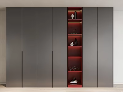 Modern Gray Wardrobe Design With Red Inset Shelves Holding Decor Wine Glasses And Shoes 3d model