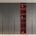 Modern Gray Wardrobe Design With Red Inset Shelves Holding Decor Wine Glasses And Shoes