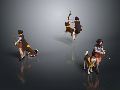 Game Movie Archer Character With Bow And Dog Companion In Standing Jumping Poses 3d model