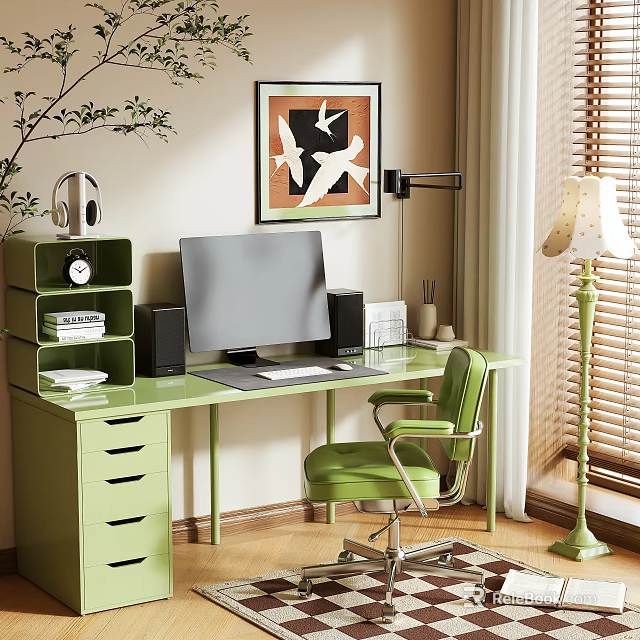 Green Desk With Drawers Computer Monitor Headphones Clock Speakers And Green Chair Floor Lamp 3d model 