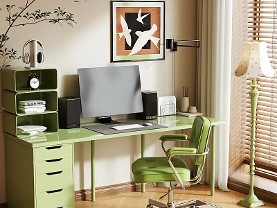 Green Desk With Drawers Computer Monitor Headphones Clock Speakers And Green Chair Floor Lamp 3d model