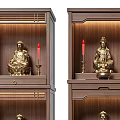 Wooden Buddhist Shrine Cabinet With Golden Buddha Statues Drawers And Red Decorations