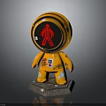 Orange Robot Figure With Round Head Red Display Human Icon Graffiti Body Hexagonal Worn Base