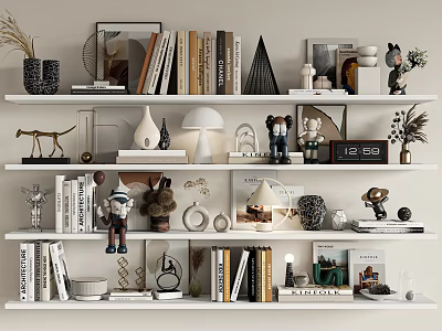 Stylish Modern Decorative Items Collection On Bookshelf With Books Sculptures Lamps And Frames 3d model