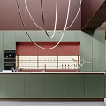 Modern Kitchen Interior With Green Cabinets Red Backsplash And Circular Pendant Lights 3d model
