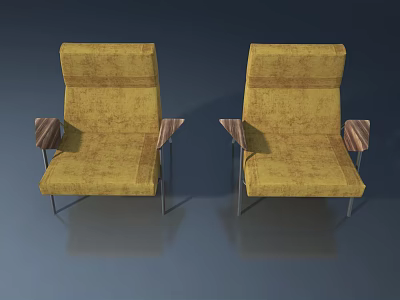 Yellow Upholstered Armchairs With Wooden Armrests And Metal Legs On Dark Background 3d model