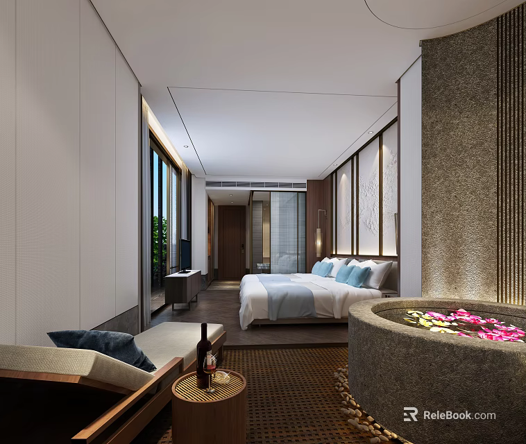 Hotel Room Interior With Cozy Bed Stone Bathtub Flower Petals Sofa And Natural View 3d model 