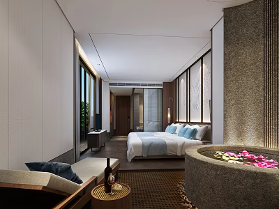 Hotel Room Interior With Cozy Bed Stone Bathtub Flower Petals Sofa And Natural View 3d model