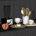 Modern Kitchen Utensils With Blender Spoons Bowls Wooden Mortar And Woven Mat On Dark Countertop