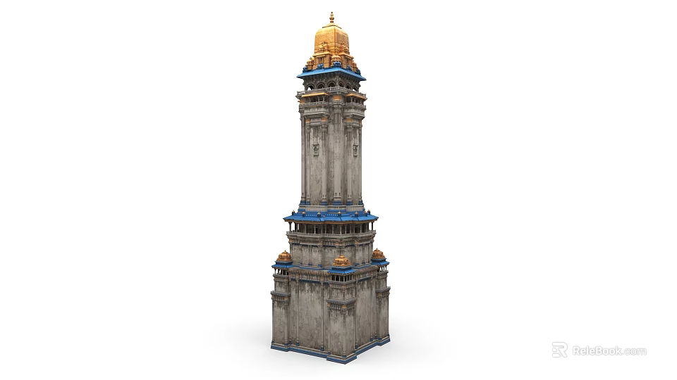 Traditional Stone Tower Architectural Component Featuring Golden Dome And Blue Layers 3d model 
