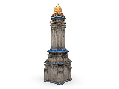 Traditional Stone Tower Architectural Component Featuring Golden Dome And Blue Layers 3d model