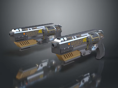 Two Futuristic Pistols With Gold And Silver Accents And Reflective Surface 3d model
