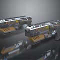 Two Futuristic Pistols With Gold And Silver Accents And Reflective Surface
