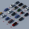 Multiple Cars in Various Colors and Different Models Arranged on Numbered Ground Surface 3d model