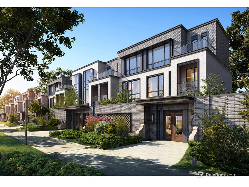 Modern Townhouse Exterior Design With Large Windows Balconies And Lush Greenery 3d model 