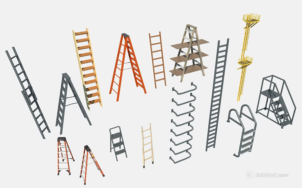 Various Household Ladders Including Folding Step Straight And Metal Wooden Designs For Home Use 3d model 