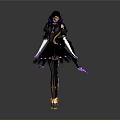 Woman in Black Outfit With Purple Gold Accents Long Gloves And Decorative Boots