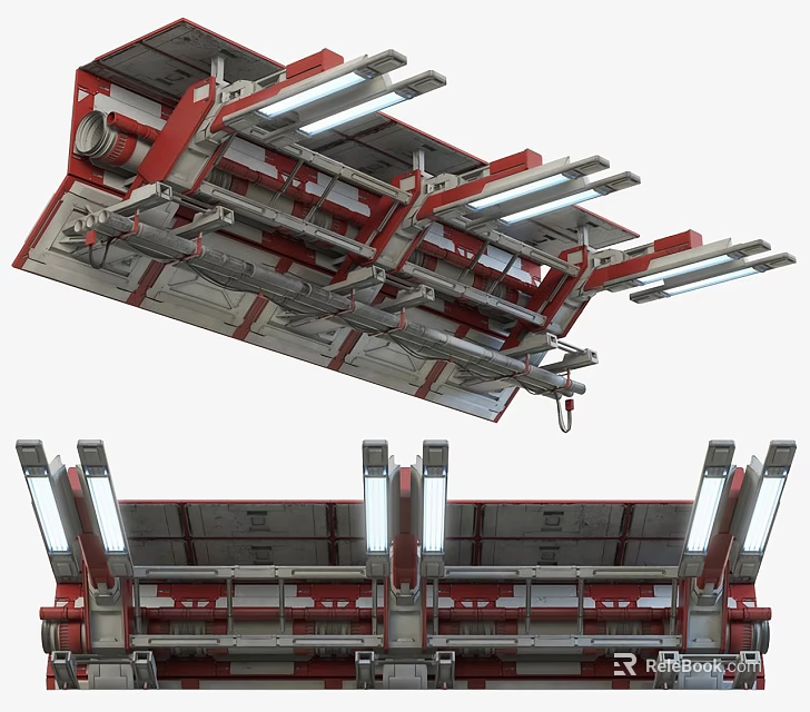 Industrial Red And Gray Pipes System With Overhead Metal Support Structures And Lights 3d model 