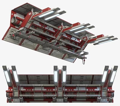 Industrial Red And Gray Pipes System With Overhead Metal Support Structures And Lights 3d model