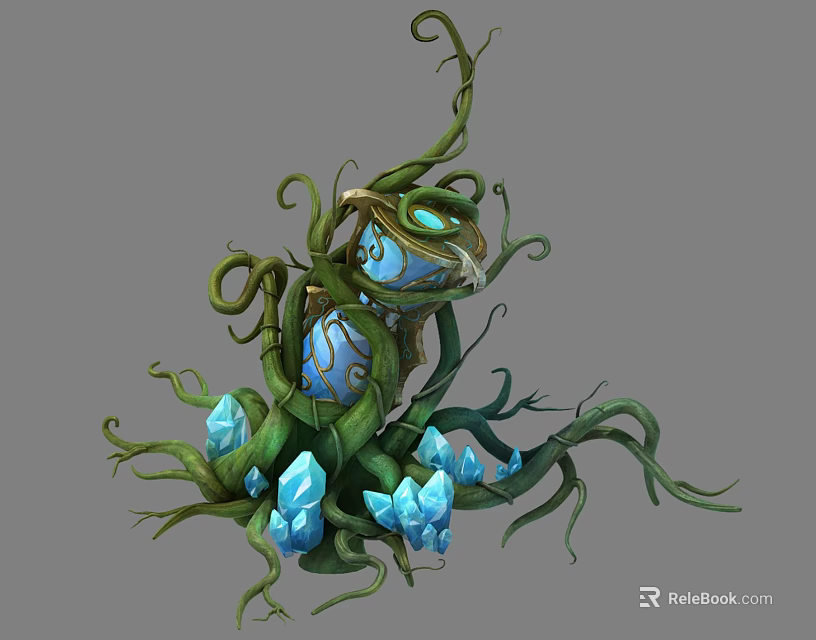 Enchanting Twisted Green Vines With Glowing Blue Orbs And Blue Crystals 3d model 