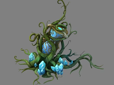 Enchanting Twisted Green Vines With Glowing Blue Orbs And Blue Crystals 3d model
