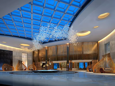 Modern Hotel Lobby Featuring Blue Glass Skylight Crystal Chandelier Wooden Lattice And Woven Rattan Seats 3d model