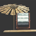 Red Frame Blue White Striped Lounge Chair With Yellow Umbrella On Sandy Platform