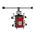 Industrial Equipment With Red Cabinet Control Console Display Screen And Mechanical Arms