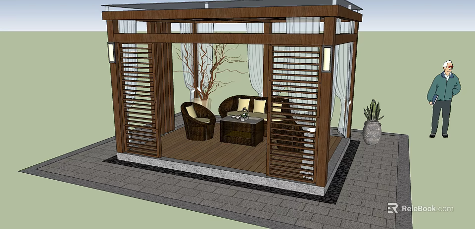 Cozy Outdoor Pergola Space With Wooden Structure Sofa Coffee Table And Plants 3d model 