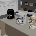 Modern Kitchen Countertop With Black White Beige Coffee Machines And Cups