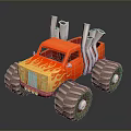 Red And Yellow Monster Truck With Flame Decals Oversized Tires And Exhaust Pipes
