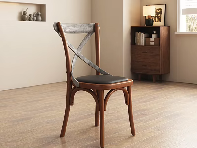 Wooden Frame Accent Chair With Cross Back Design And Black Padded Seat In Indoor Space 3d model